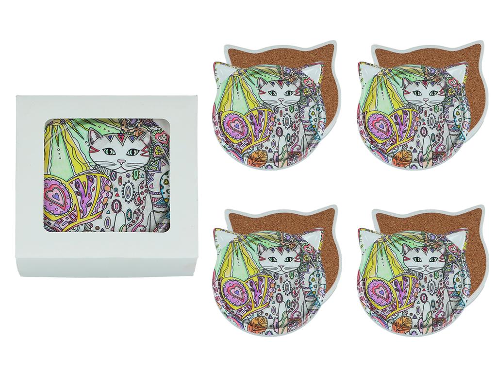 Set of 4 Ceramic Coasters with Ears Cats Mats Under Cup Cat Lovers