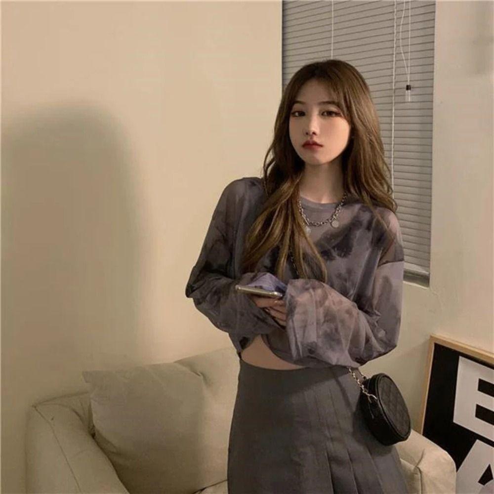 Sheer Mesh Sun Proof Shirt Tie Dye Sheer Long Sleeve Trendy Mesh Sun Protection Top  Beach Cover Up