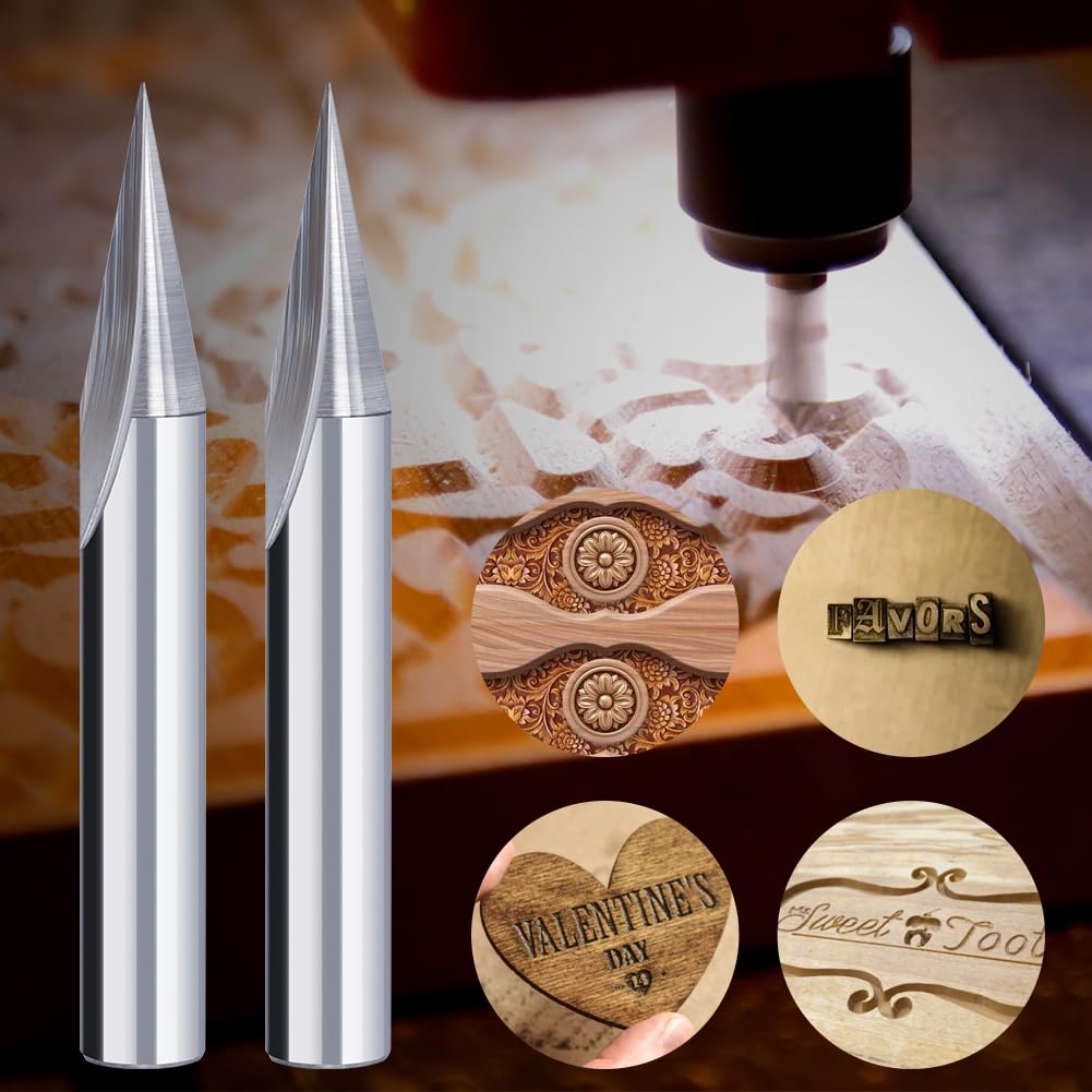 CNC Engraving Bits Wood Carving Router Bit 1/4'' Shank 15 Degree Carbide 2 Flutes 0.2mm Tip Detail Carving Liner V-bit Woodworking Router Tool for
