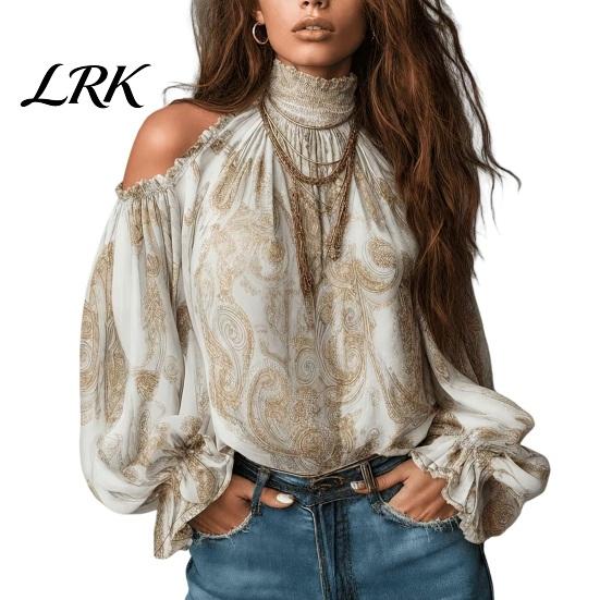 Herbst Casual Hemden Damen Cold Shoulder Shirt, Vintage Ethnischer Print Hoher Kragen Bluse, Rüschen Laternenärmel Oberteil Damen