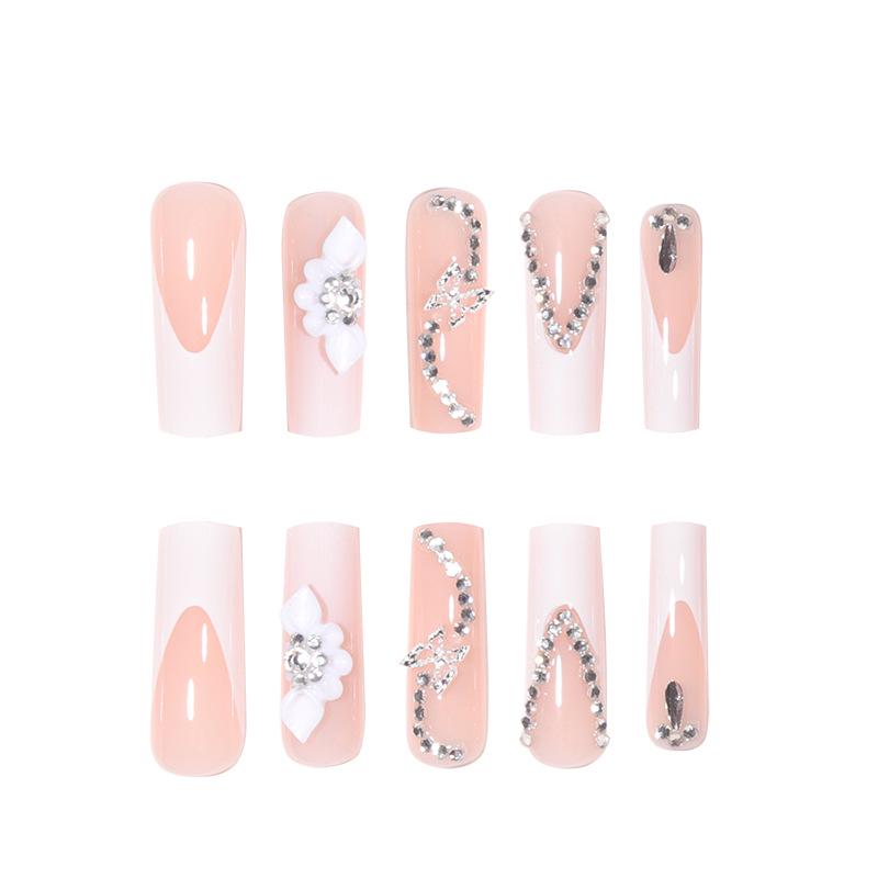 Pink & White Floral Diamond Long Press-On Nails - 24-Piece Set