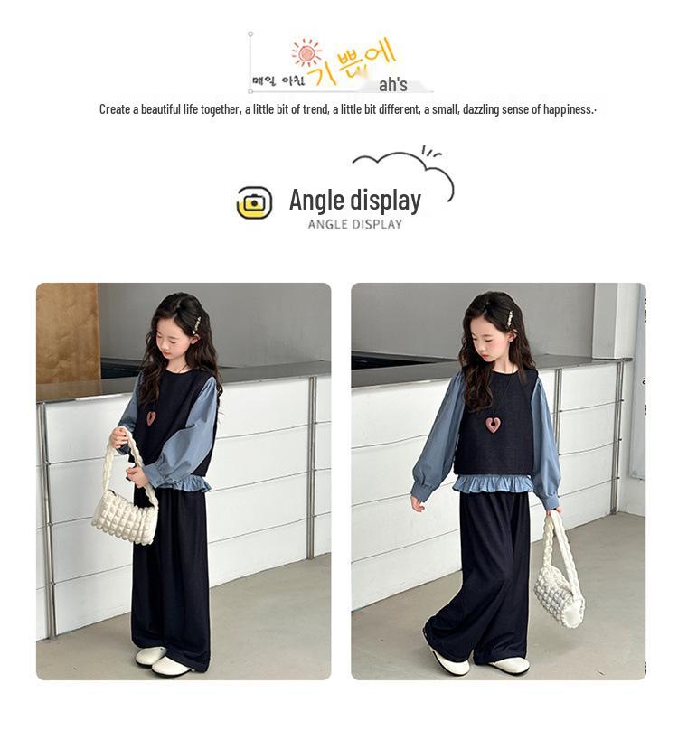Autumn 2025 Girls' Three-Piece Set: Stylish Vest, Shirt & Wide-Leg Pants