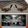 Halloween Garage banner - Durable polyester eerie cemetery and giant skull design Halloween horror party