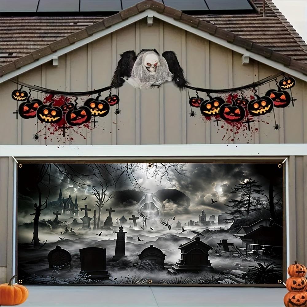Halloween Garage banner - Durable polyester eerie cemetery and giant skull design Halloween horror party