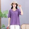 Sommer Elastisches T-Shirt Massive Baumwolle Hanf Damenbekleidung Kurzarm V-Ausschnitt Übergröße Stickerei Retro Lose Vielseitige Oberteile