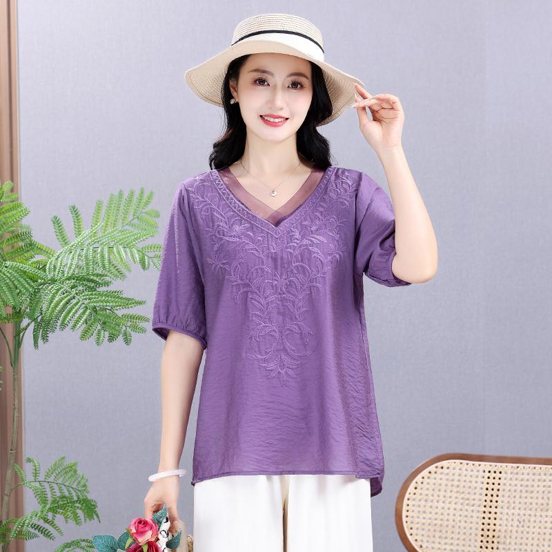 Sommer Elastisches T-Shirt Massive Baumwolle Hanf Damenbekleidung Kurzarm V-Ausschnitt Übergröße Stickerei Retro Lose Vielseitige Oberteile