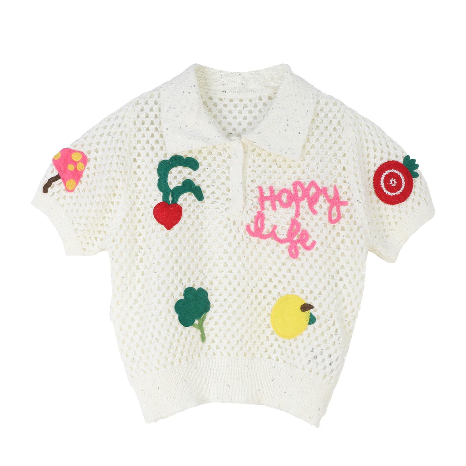 

Вязаный топ с коротким рукавом и вышитым поло-воротником от Miao Medium