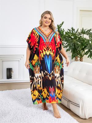 Bohemian Printed Women's Holiday Casual Beach Dress V-neck Batwing Sleeve Loose Kaftan Comfy Classy Moo Moo Dress