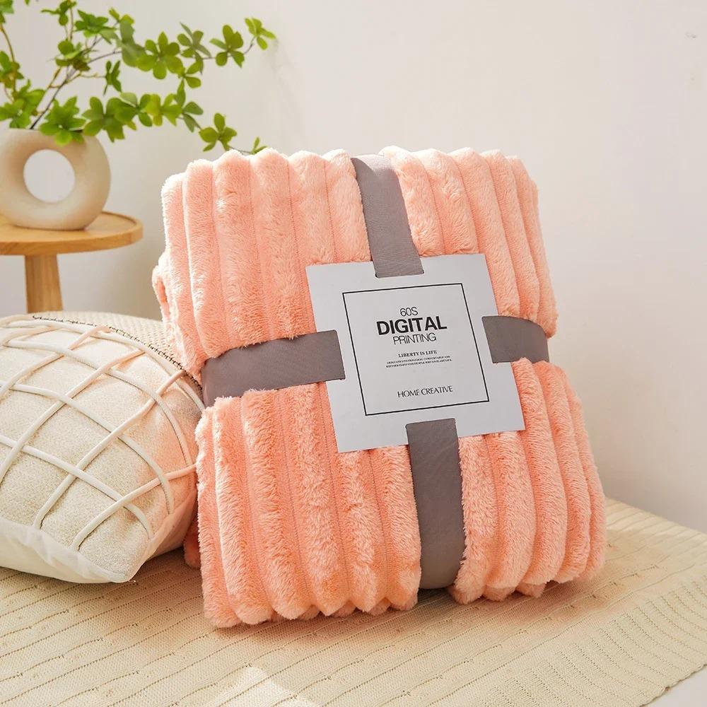 Wide Ribbed Flannel Fleece Blanket 300Gsm Ultra Soft Plush Throw Blanket Microfiber Cozy Warm Blanket For Couch Bed Sofa Travel