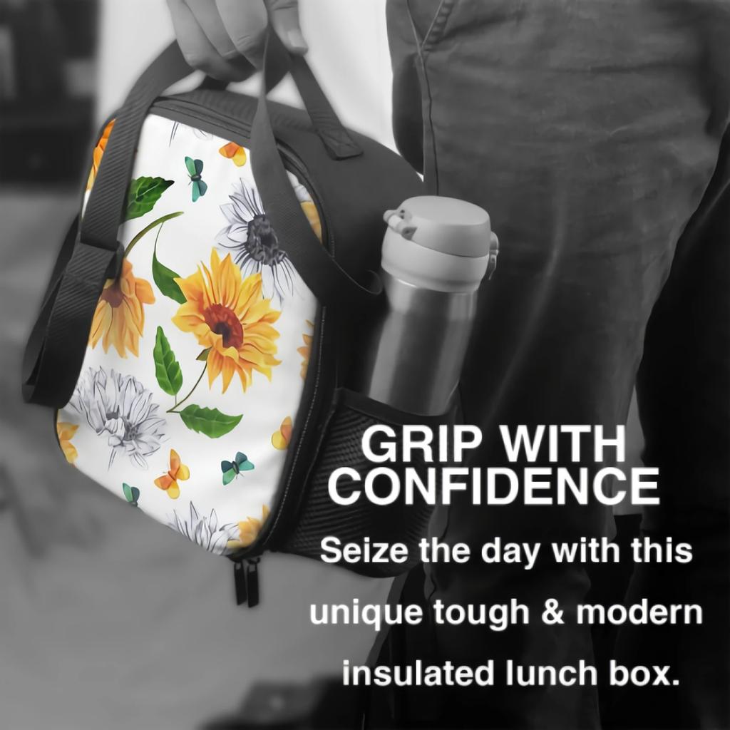 Watercolor Sunflowers And Butterflies Insulated Lunch Box Cooler Bag with Adjustable Shoulder Strap Bento Bag for Travel Picnic