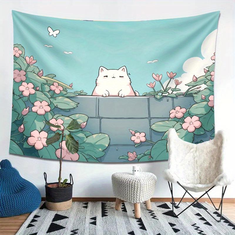 Cat In Floral Tapestry, Kawaii Style Wall Hanging For Living Room Bedroom, Complete Installation Kit, Great Gift For Cat Lovers