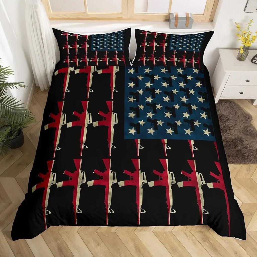 American Flag Duvet Cover Machine Gun Design Queen King Polyester Quilt USA Federations Stars Stripe Bedding Set