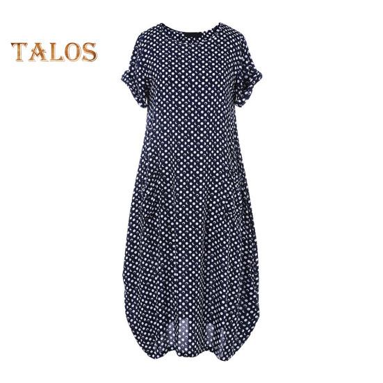 

Жіноча сукня великих розмірів у крапковий принт у богемному стилі для відпустки максі-сукня з круглим вирізом і короткими рукавами з кишенями Дорожня пляжна сукня темно-синього кольору