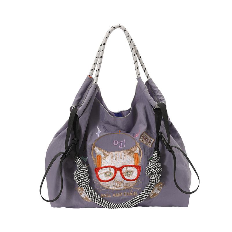 Gao Yuanyuan Style Japanese Embroidery Cat Tote Bag - Versatile, Large Capacity, Single Shoulder & Crossbody Drawstring Bag