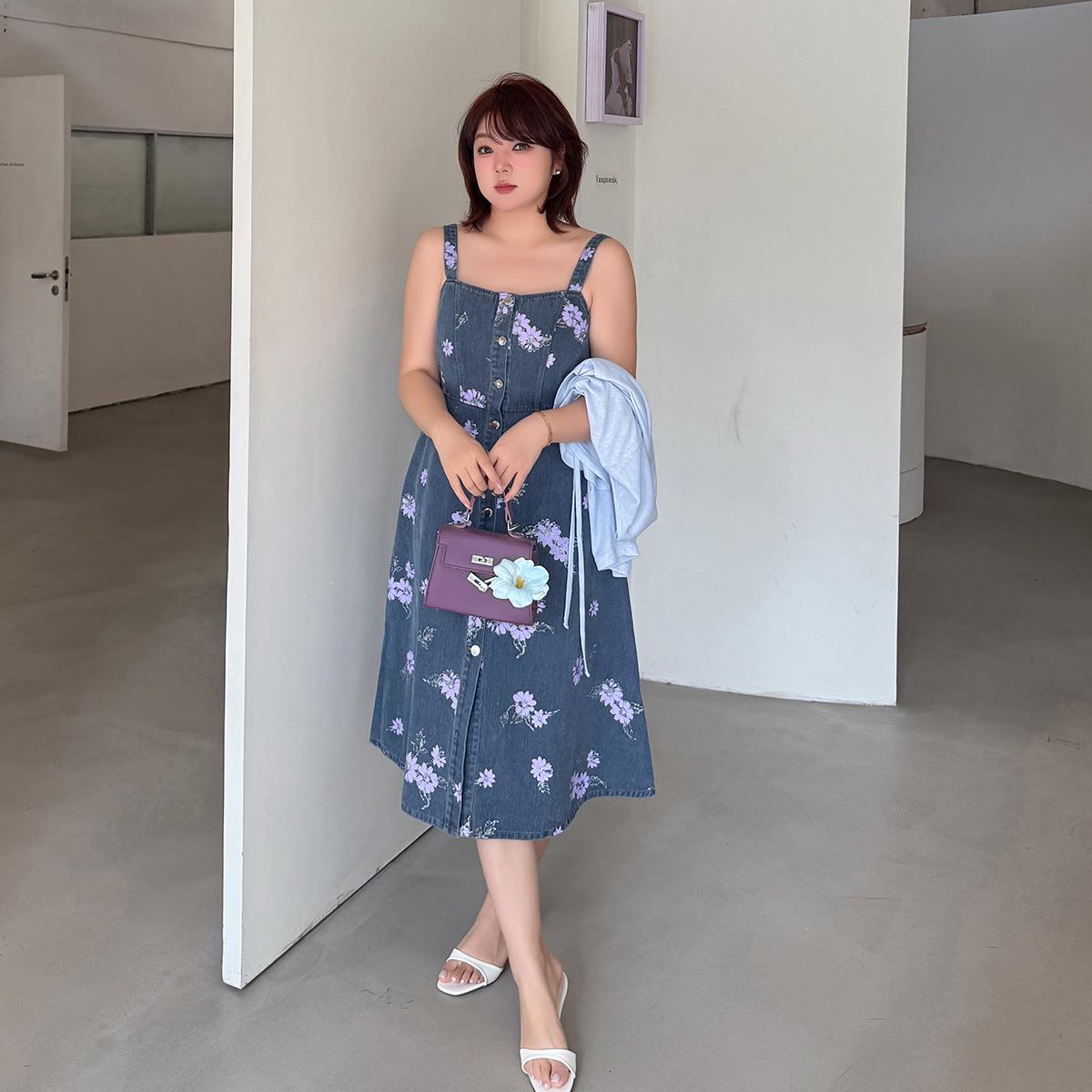 

Plus Size Women s Soft Retro Print Denim Suspender Dress 3XL синий