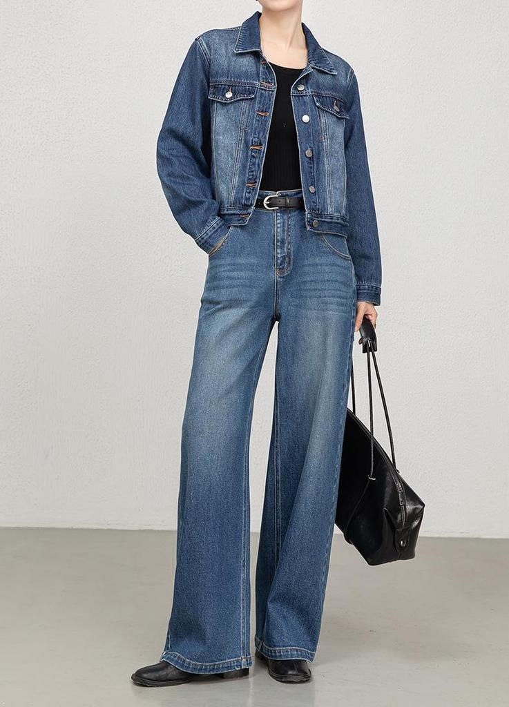 Women's Blue Long-Sleeved Denim Jacket with High-Waisted Wide-Leg Pants - Spring 2026 Collection
