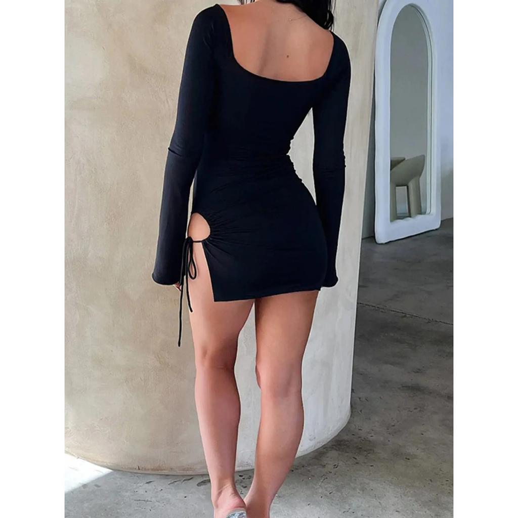 Women's Spring Summer Solid Color Front Tie Side Slit Hem Slim Fit Sexy Long Sleeve Dress