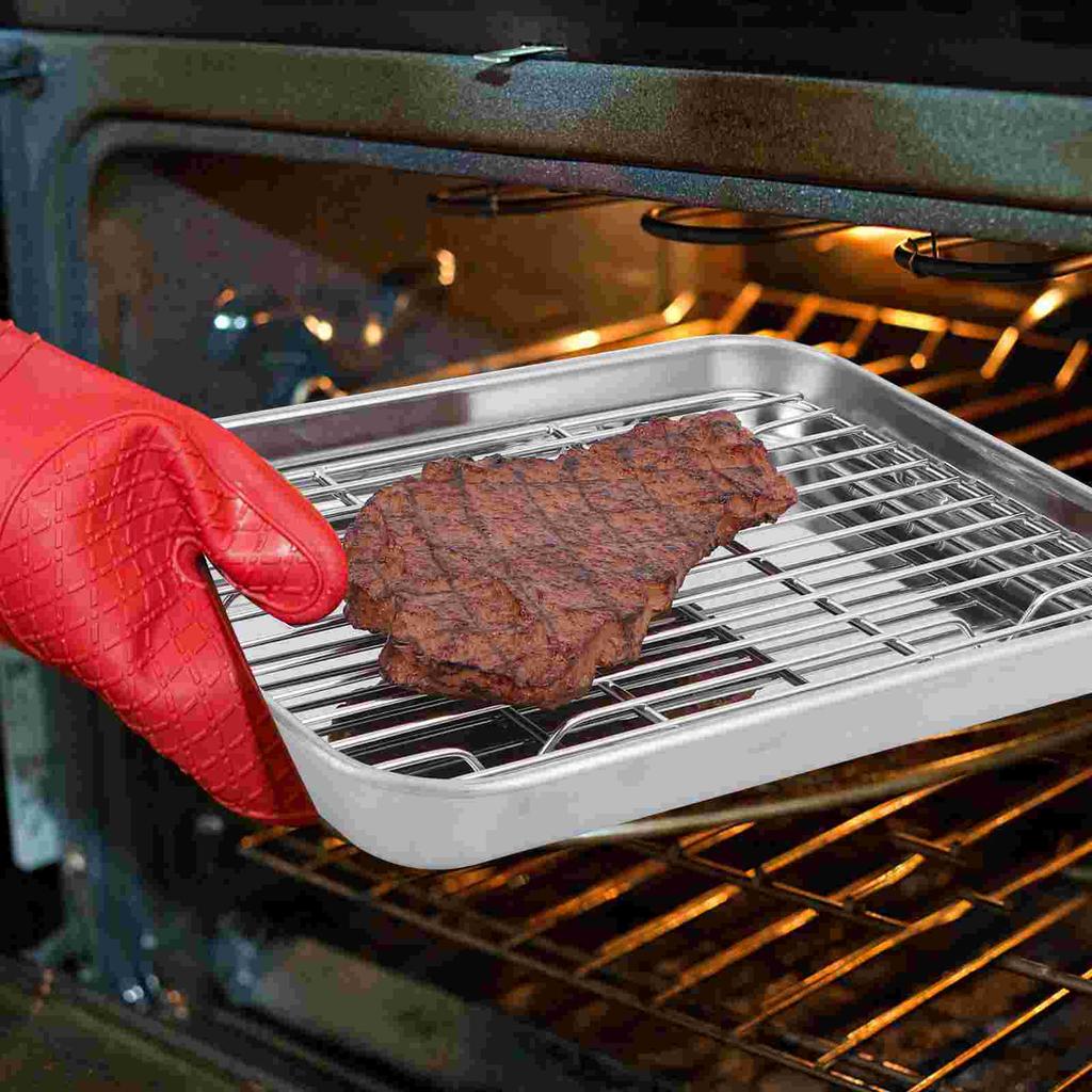 2 Pieces Barbecue Baking Tray Set Grilling Platter Loaf Pan with Lid Pastry Grid Rack