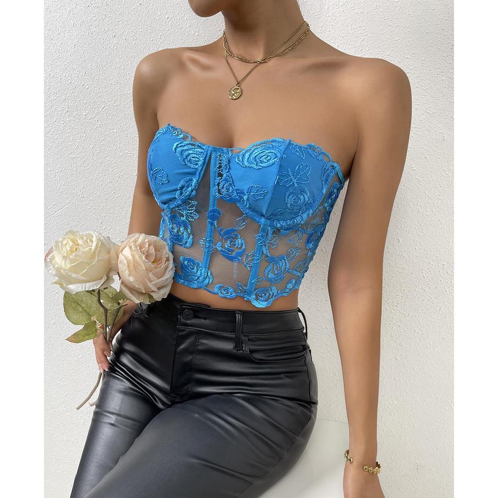 2023 European & American INS Style Lace Mesh Rose Tube Top Vest