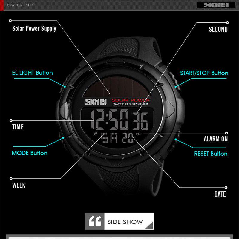 SKMEI Solar Power Mens Sports Watches Luxury Brand Electronic Clock Waterproof LED Digital Watch Men