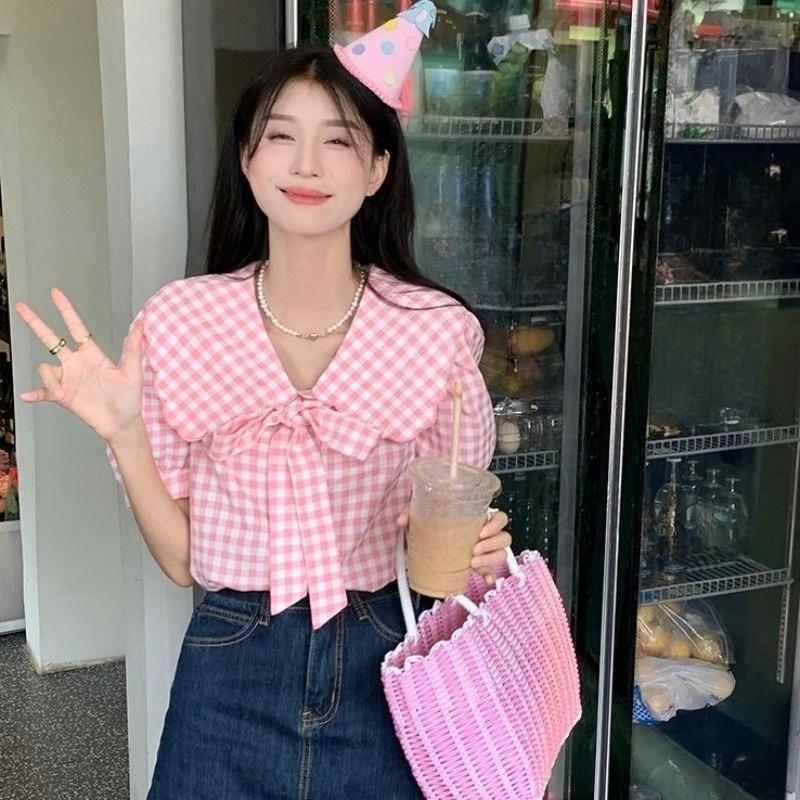 Women s Checkered Shirt Peter Pan Collar Bow Tie Single Breasted Button Ladies Blouse Summer Fashion Sweet Famale Short Sleeved Top S