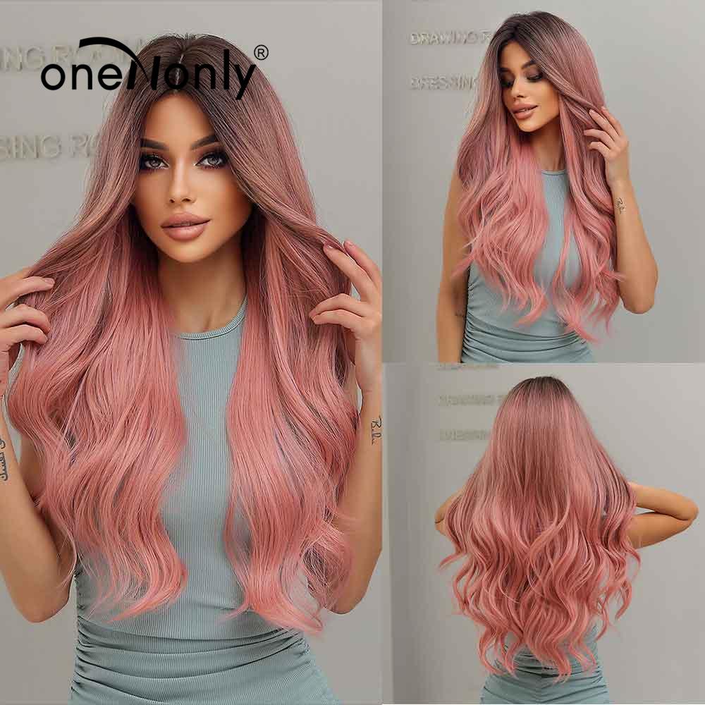 oneNonly Long Body Wave Ombre Brown Pink Synthetic Wigs with Bangs Natural Wave for Women Cosplay Natural Wig Heat Resistant