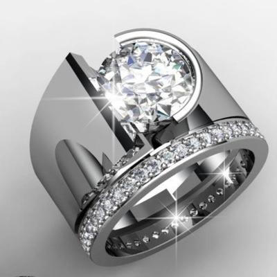 Luxury Women Round Rhinestone Inlaid Wide Band Geometric Ring Party Jewelry Gift