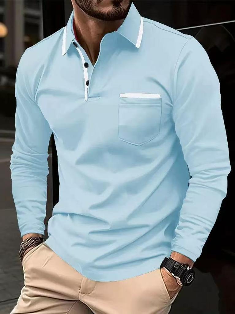 Men Casual Patchwork Pocket Solid Color Turn Down Collar Long Sleeve Plus Size Polo Shirt