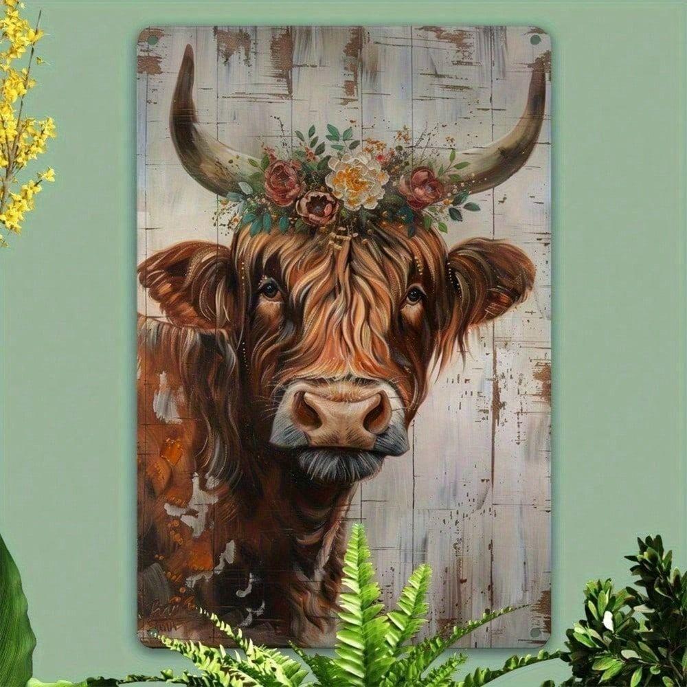 Vintage Metal Tin Sign High Cow in Flowers 30x20 cm Home Interior Decor