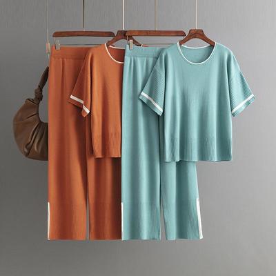 Outono inverno vento preguiçoso solto gola alta pulôver camisola terno feminino cor sólida manga curta malha calças largas perna conjunto de duas peças