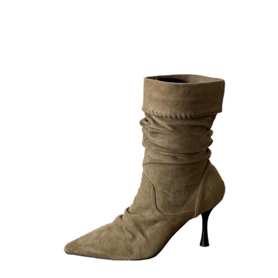 2025 autumn and winter new thin heel Martin boots women's black super fire pleated pile boots high heel velvet knight short boots