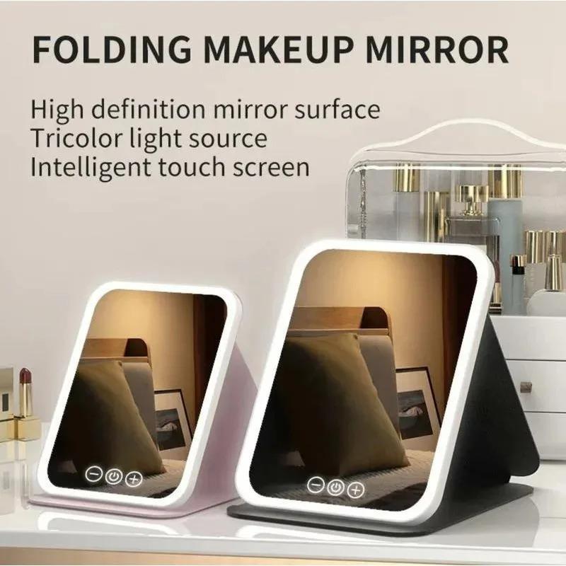 Portable Led Makeup Mirror With Touch Screen 3 Colors Dimmable,foldable Makeup Mirror With Light, Desktop Fill Light Mirror For Student Dormitory &amp