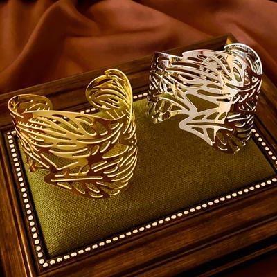 Hollow Leaf Metal Bangles for Women Simple Elegant Style Bracelet Exaggerated Design High Grade Adjustable Cuff Goth Zircon
