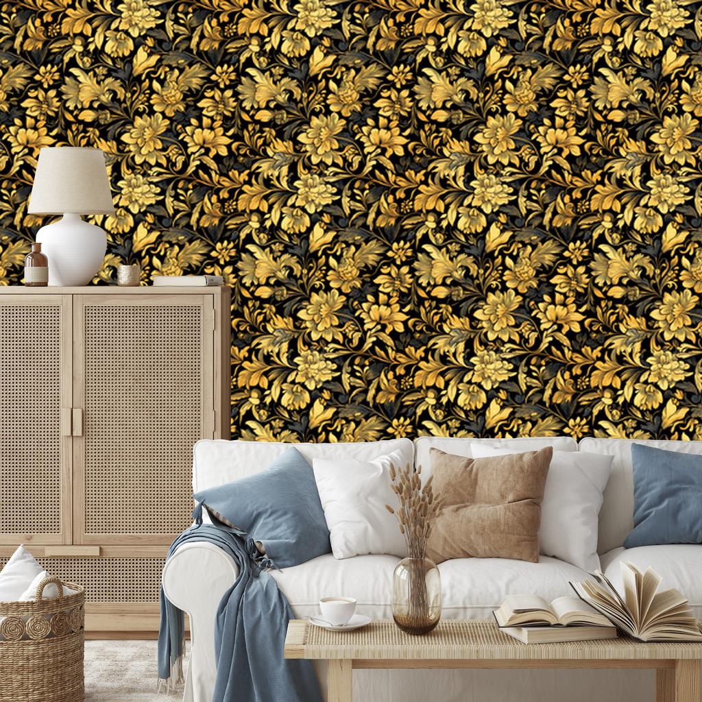 Golden Hibiscus Ochre Wallpaper, Fine Detail for Living Room and Bedroom 50x1000