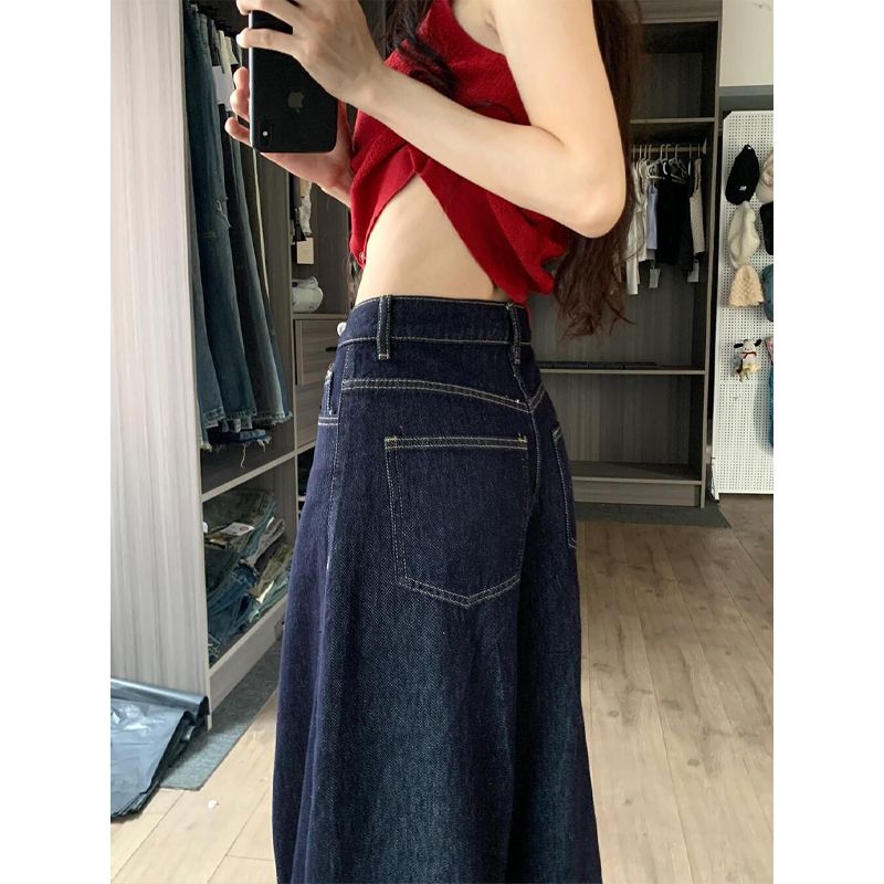 

Small Sexy High Waist Denim Female Idle Style Loose Feeling Wide-Leg Pants Autumn and Winter Fleece-lined Straight-Leg Trousers Dark blue small section((145-155)]) XL