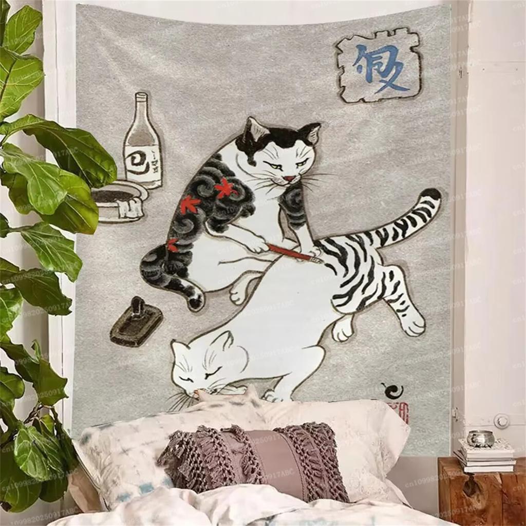 Room Decorations Japanese Samurai Tattoo Cat Anime Tapestry Wall Hanging Wall Art Cartoon Kawaii Bedroom Print Picture Living