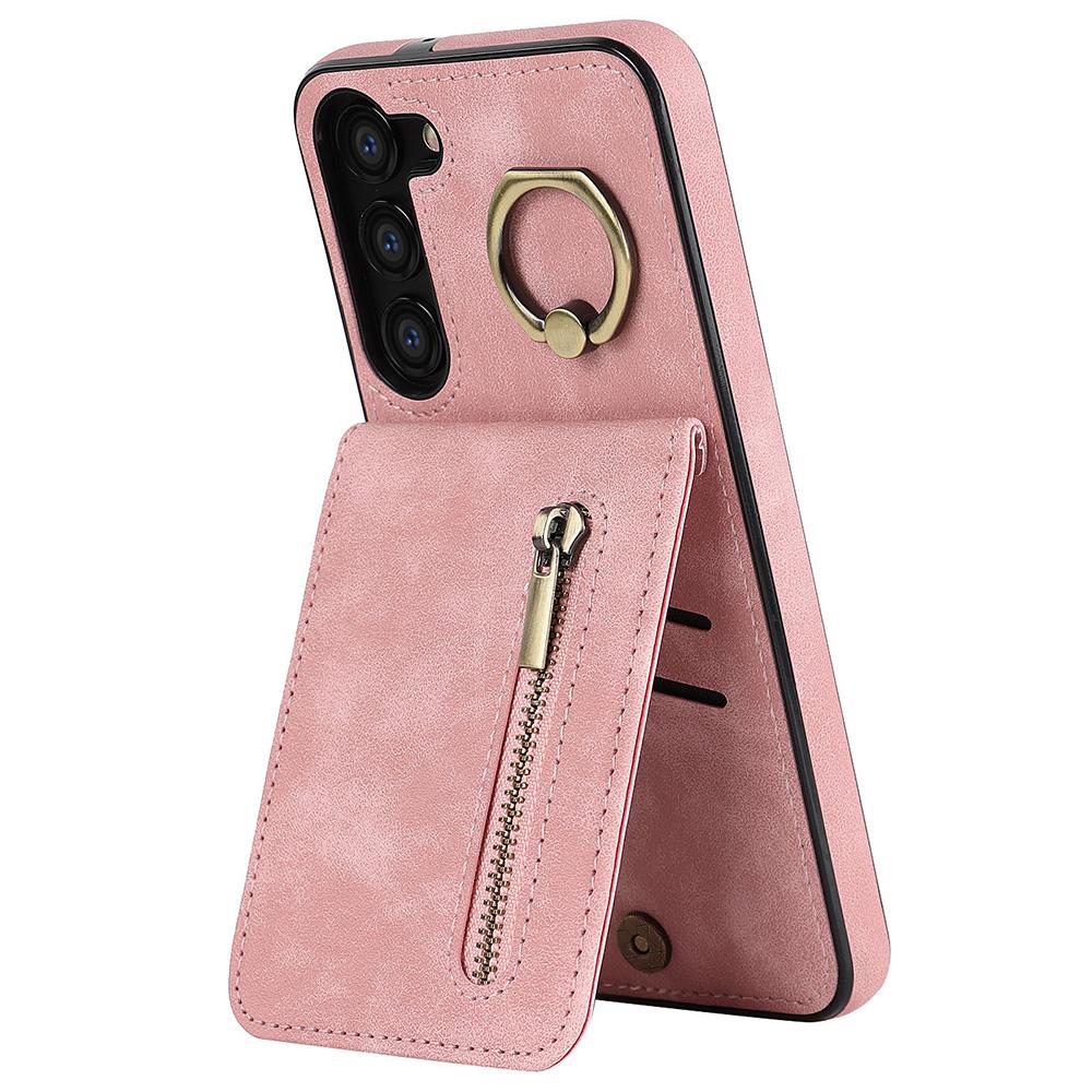

RFID Blocking Kickstand Phone Case for Samsung Galaxy S23+ Retro PU+TPU Zippered Wallet Phone Cover Pink