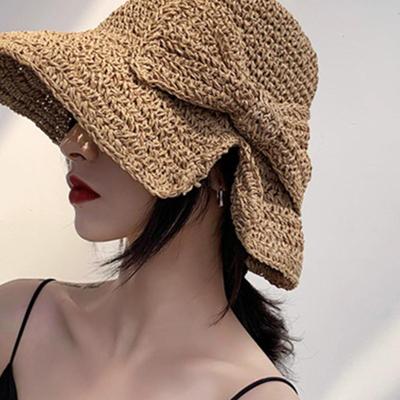 Faltbarer japanischer Stroh-Sonnenhut für Damen mit Schleife - Lässiger Sommer-Eimer-/Fischerhut für Reisen & Sonnenschutz