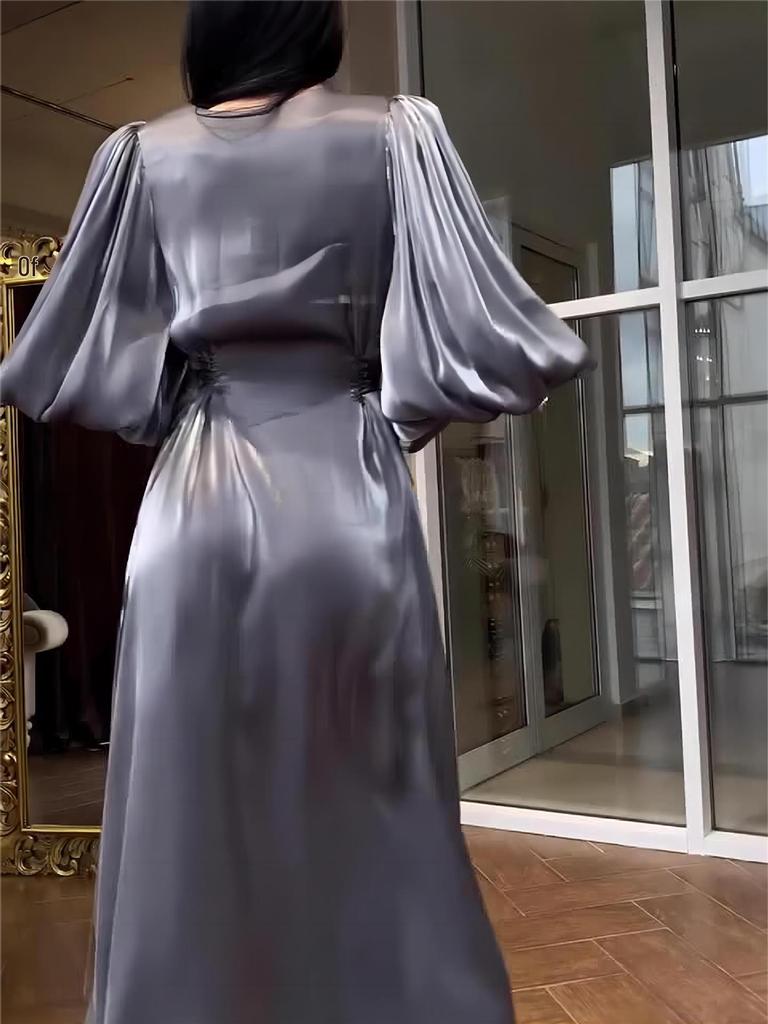 European & American Tie-Up Slim-Fit Satin Lantern Sleeve Long Skirt Dress for Women - Autumn 2024 Style