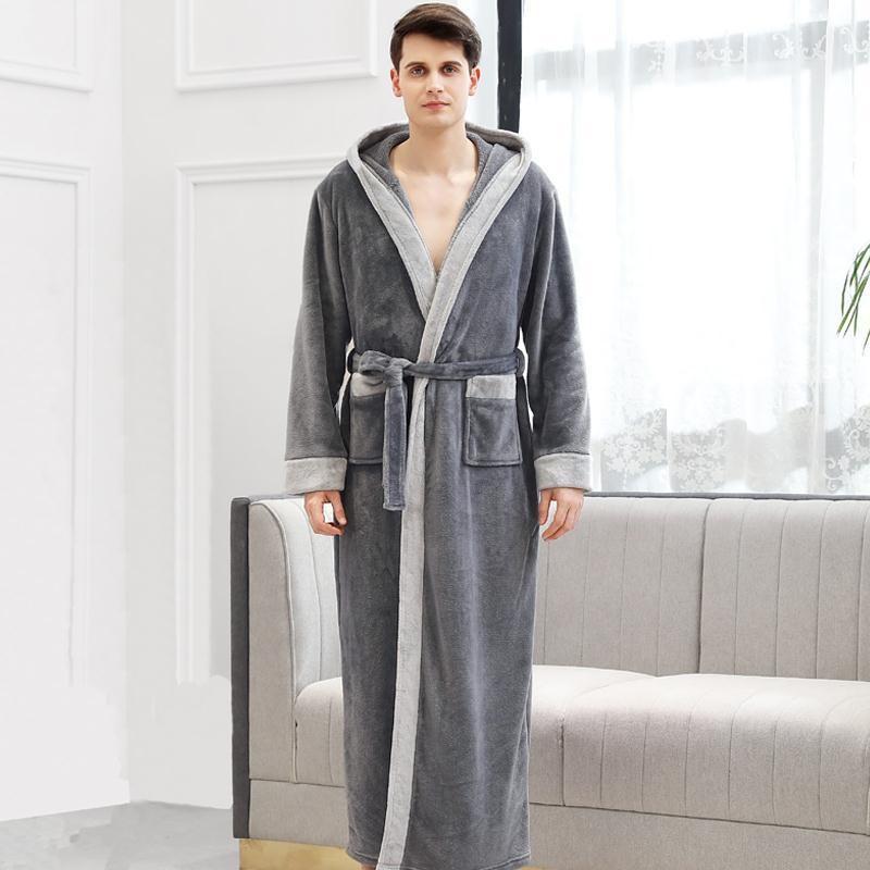 Autumn And Winter Flannel Nightgown Hooded Bathrobe Coral Fleece Men'S Thickened Extended Couple Bathrobe Women