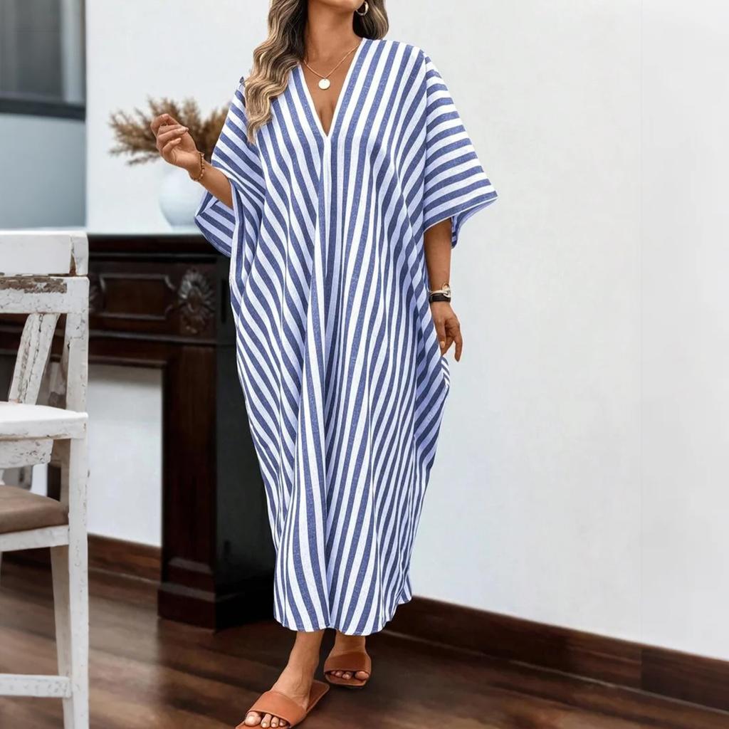 Women's Fashionable Loose Casual V-neck Striped Long Resort Dress