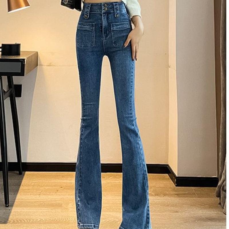 High-waisted, Slightly Flared Jeans for Women In Spring and Autumn New Style Slim Fit and Elastic Small Retro Bell-bottom Pants