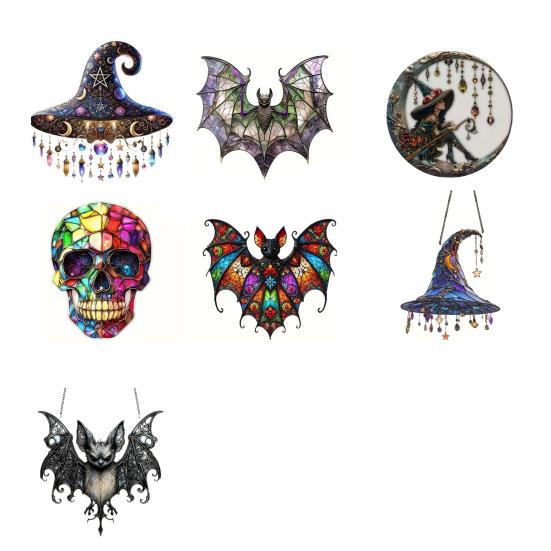 Halloween Witch Hat Hanging Decoration Stained Glass 2D Flat Acrylic Creepy Bat Skull Suncatcher Indoor Outdoor Wall Window Hanging Sign Ornament