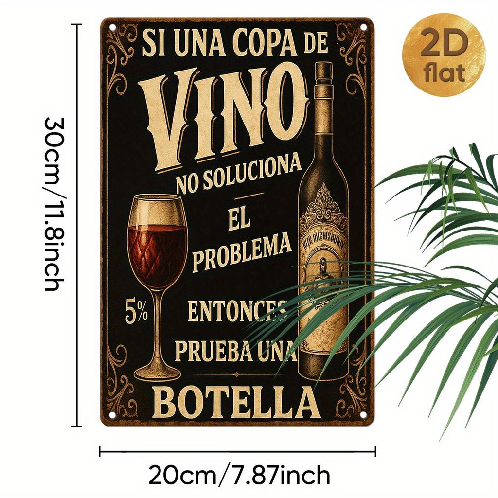 Vintage Metal Wall Art Rustic Wine Bottle and Glass Design with Spanish Slogan Si Una Copa D Perfect for Home