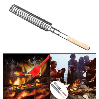 BBQ Kabob Grilling Basket Portable Nonstick Reusable Wooden Handle Barbecue Grill Grid Mesh