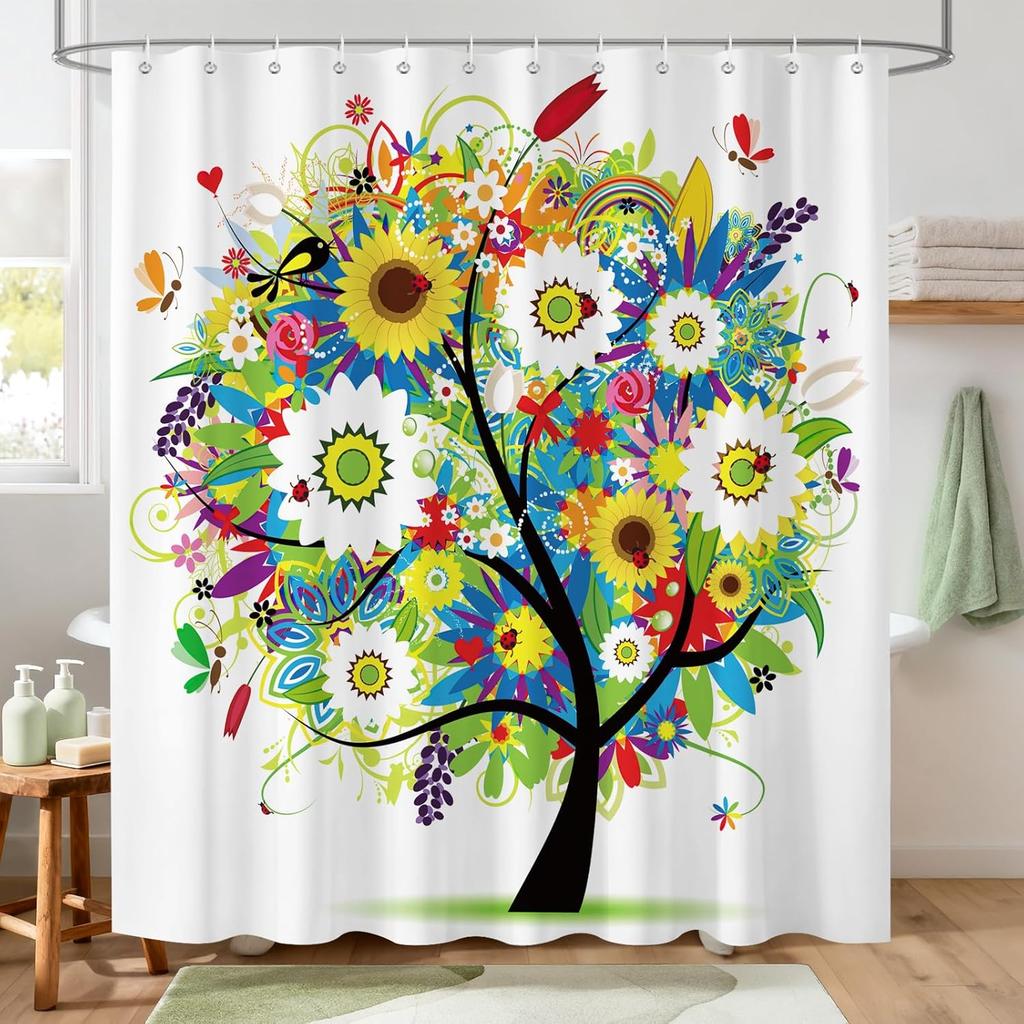 Tree of Life Shower Curtain,Art Colorful Tree Butterfly Leaves Waterproof Polyester Fabric Bathroom Curtain with 12Plastic Hooks