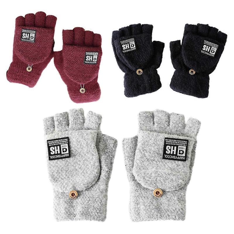3 Pairs Thermal Insulation Fingerless Texting Wool Gloves for Women and Men Winter Warm Knitted Convertible Mittens Flap