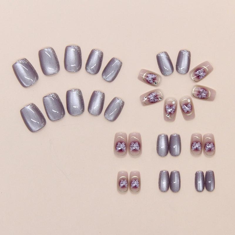 Square Press On Nail Cats Eye Fake Nail Butterfly Design Full Cover Glues On Nail Glossy Acrylic Nail Artificial Nail