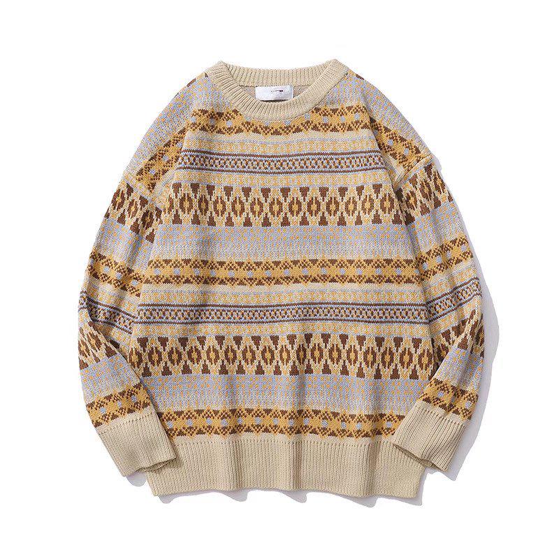 Męski Retro Japoński Zimowy Gruby Sweter Jacquardowy w Bloki Kolorystyczne - Unisex, Luźny Krój.