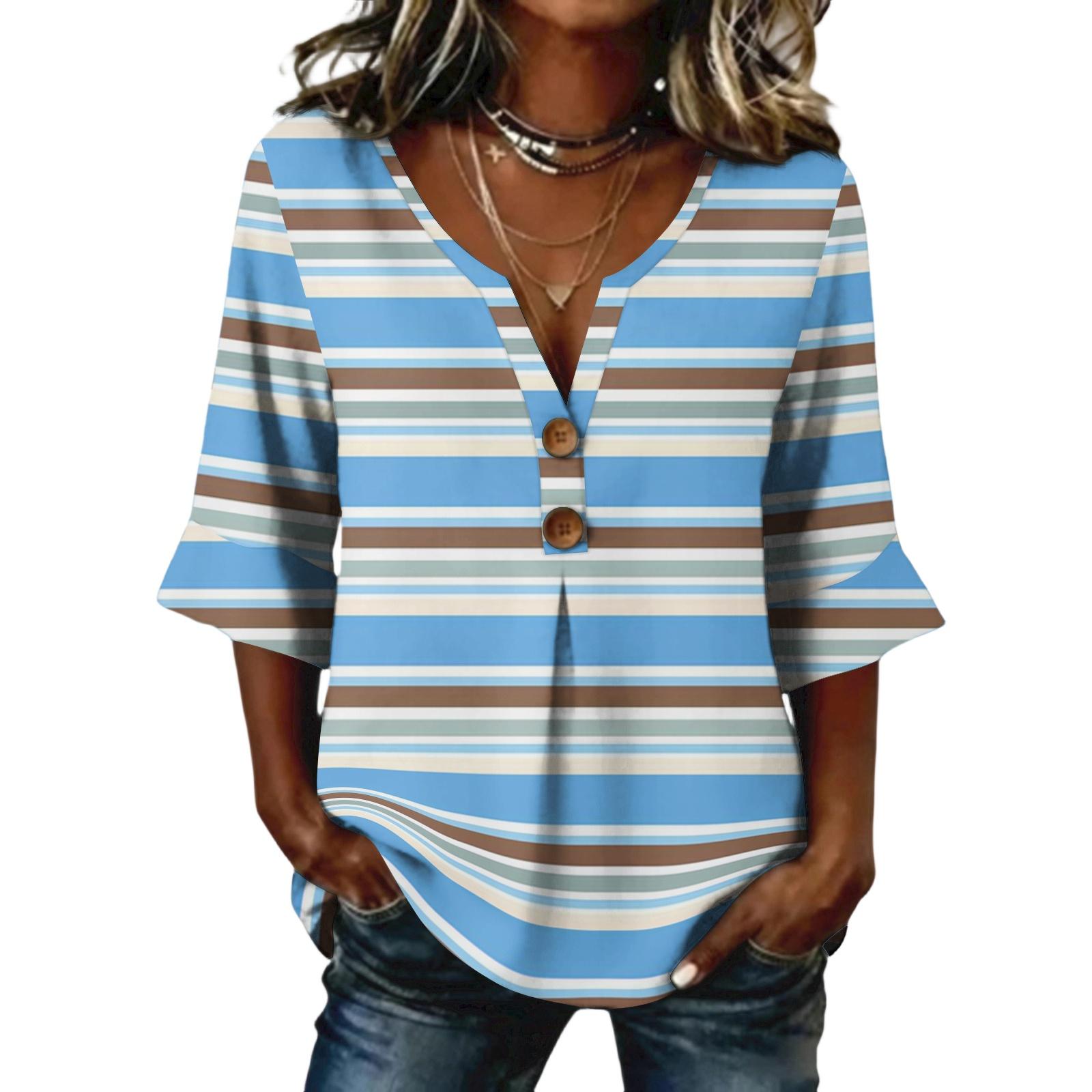 Ladies  striped printed button casual V-neck fashionable seven quarter sleeve top S синий